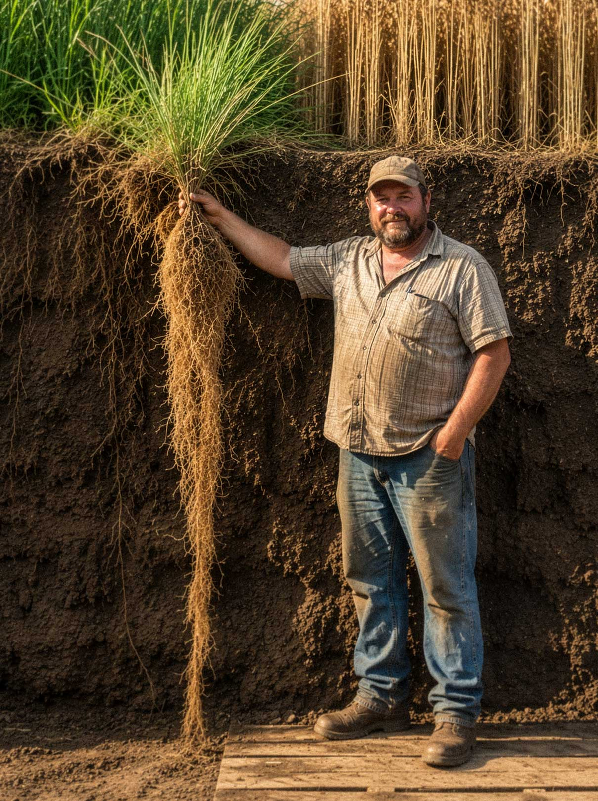 Farmer holding a deep-rooted plant beside a soil profile. 